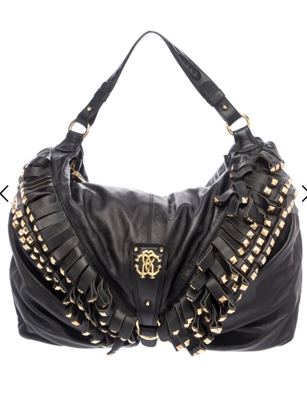 ROBERTO CAVALLI Fringed and Studded Soft XL Leather Black Hobo! Rare! Like New!